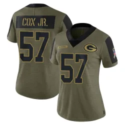 Green Bay Packers Women's Limited Olive 2021 Salute To Service Jersey (57 Brenton Cox Jr.)