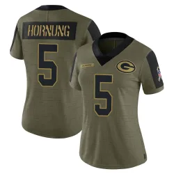 Green Bay Packers Women's Limited Olive 2021 Salute To Service Jersey (5 Paul Hornung)