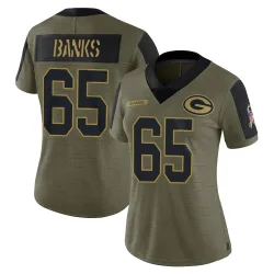 Green Bay Packers Women's Limited Olive 2021 Salute To Service Jersey (65 Aaron Banks)