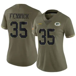 Green Bay Packers Women's Limited Olive 2022 Salute To Service Jersey (35 Deshaun Fenwick)
